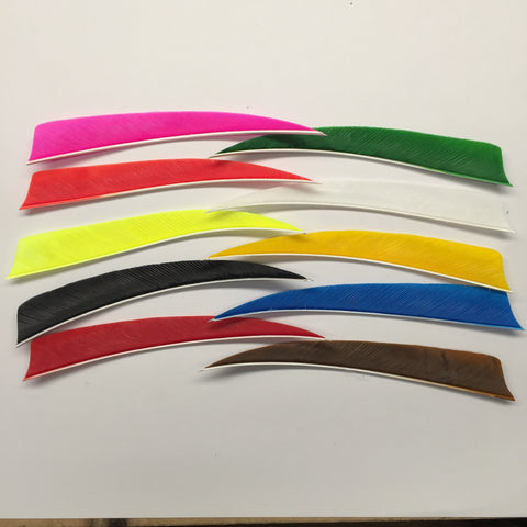 5" solid colored shield cut feathers. Pink, Orange, Flo Yellow, Black, Red, Green, White, Yellow, Blue and Brown.