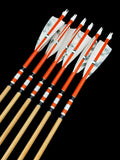 A collection of Douglas fir arrows with orange shafts, white fletching, and white nocks, arranged diagonally against a black background. The arrows feature black and white bands near the fletching, highlighting their sleek design.
