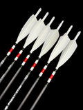 Set of arrows with white feathers and black shafts on a black background
