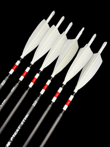 Set of arrows with white feathers and black shafts on a black background